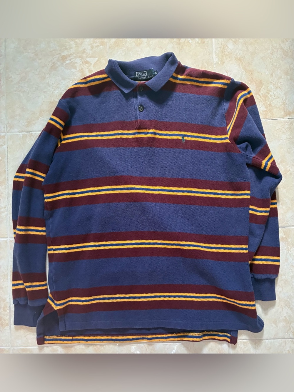 Vintage Polo by Ralph Lauren Men's Navy & Burgundy Striped Polo Rugby Shirt